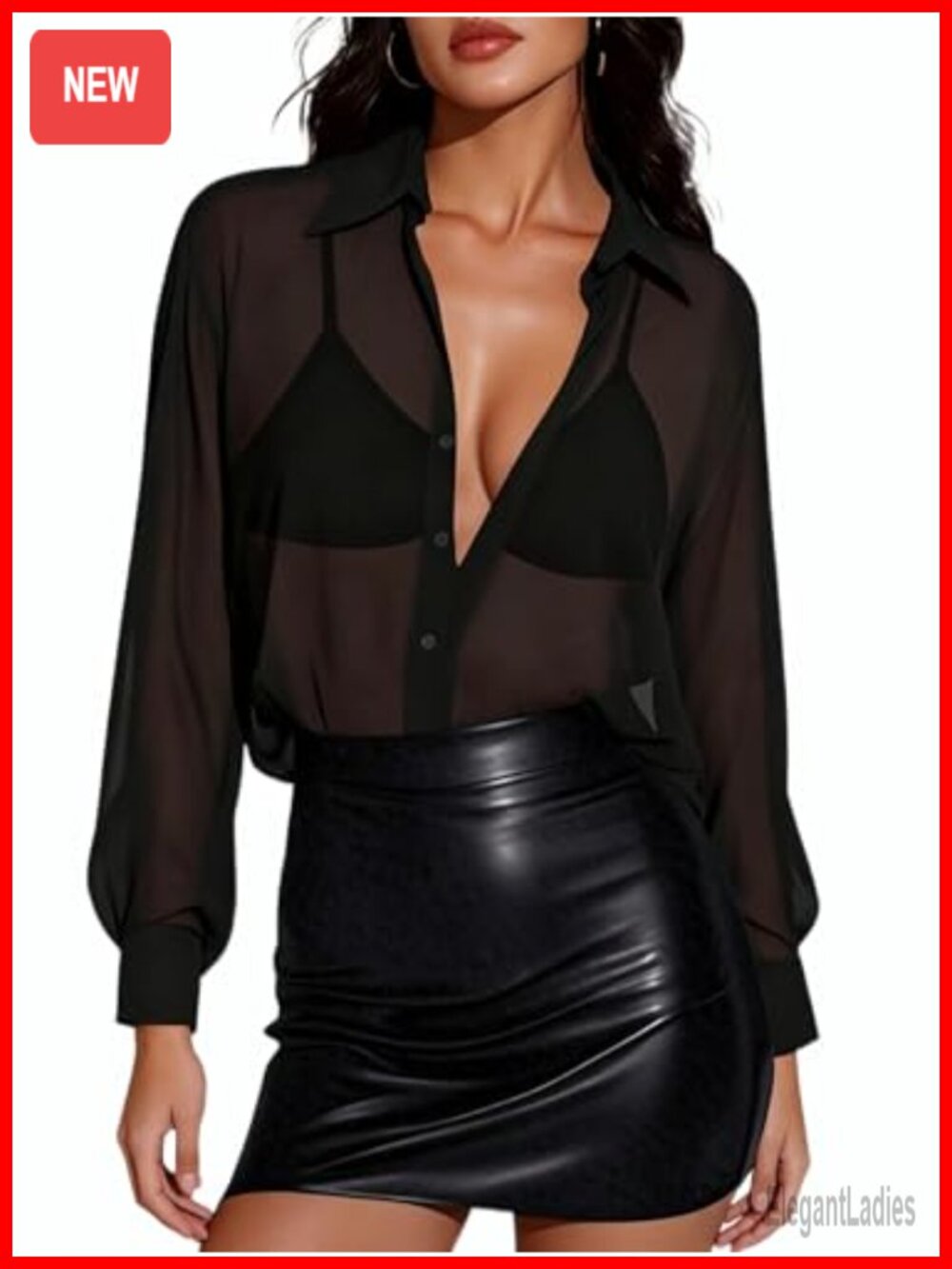 Sheer Chiffon Button Down Blouse Long Sleeve See Through Tunic Top